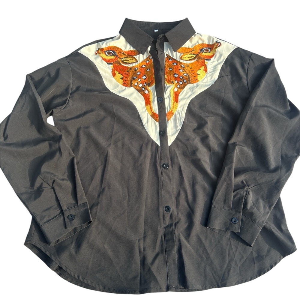 Vintage Inspired Embroidered Deer Western Shirt, Size XL